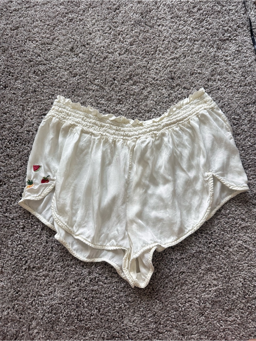 Anthropologie Cream Embroidered Fruit Sleep Shorts